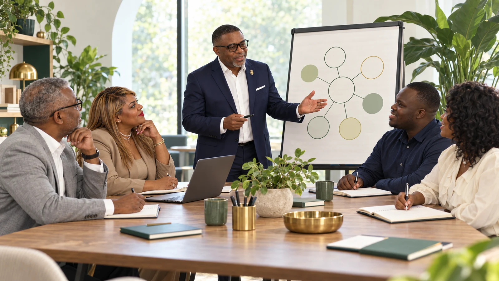 A facilitator guiding professionals through a collaborative relationship-mapping exercise