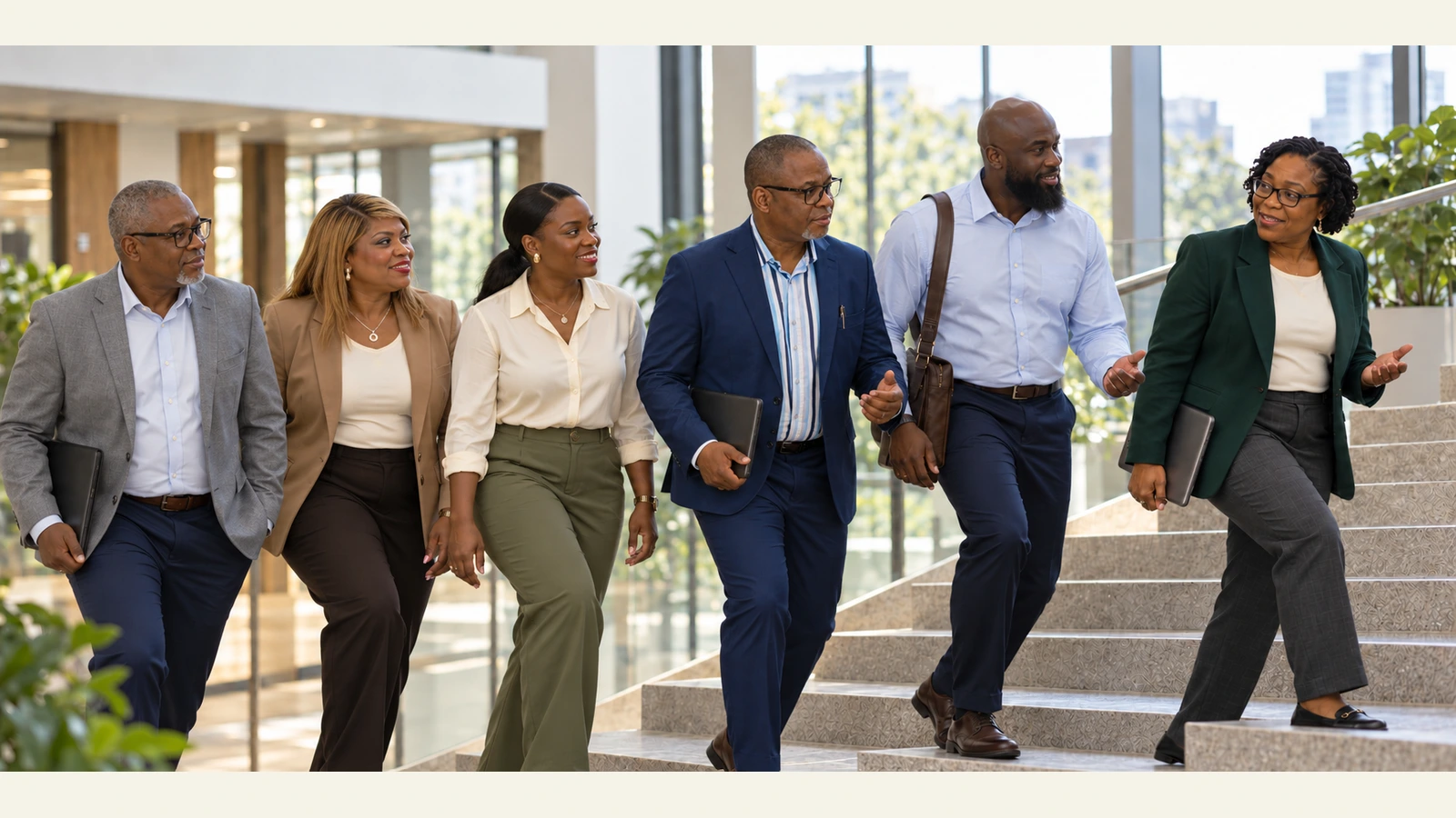 Professionals walking together and discussing career growth