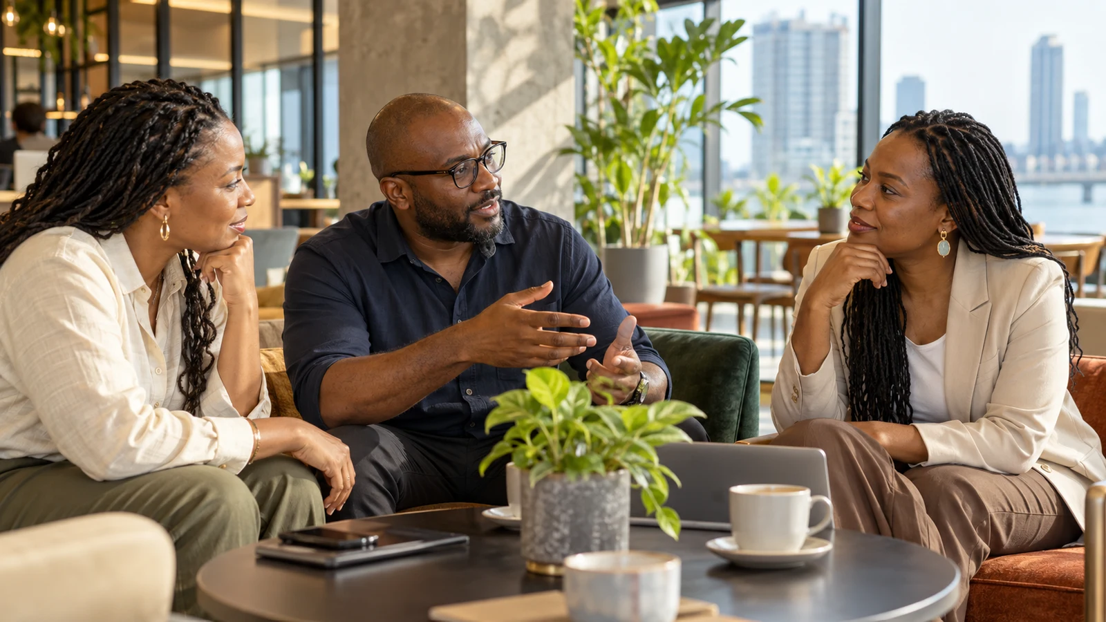 Three professionals discussing business growth around a table
