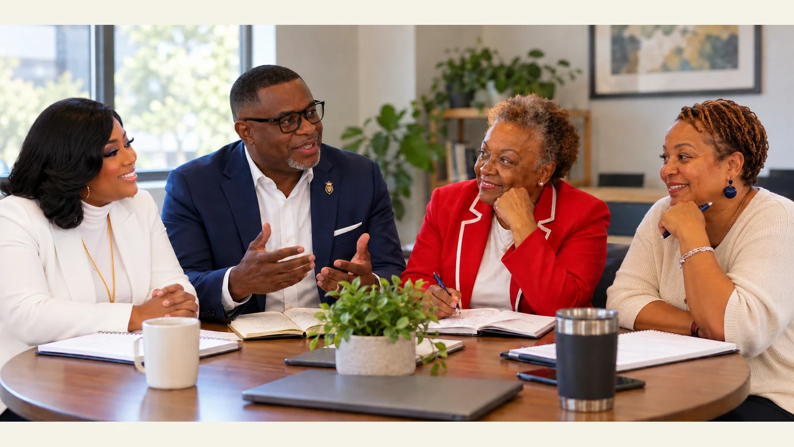 Four professionals sharing ideas and listening during a leadership discussion