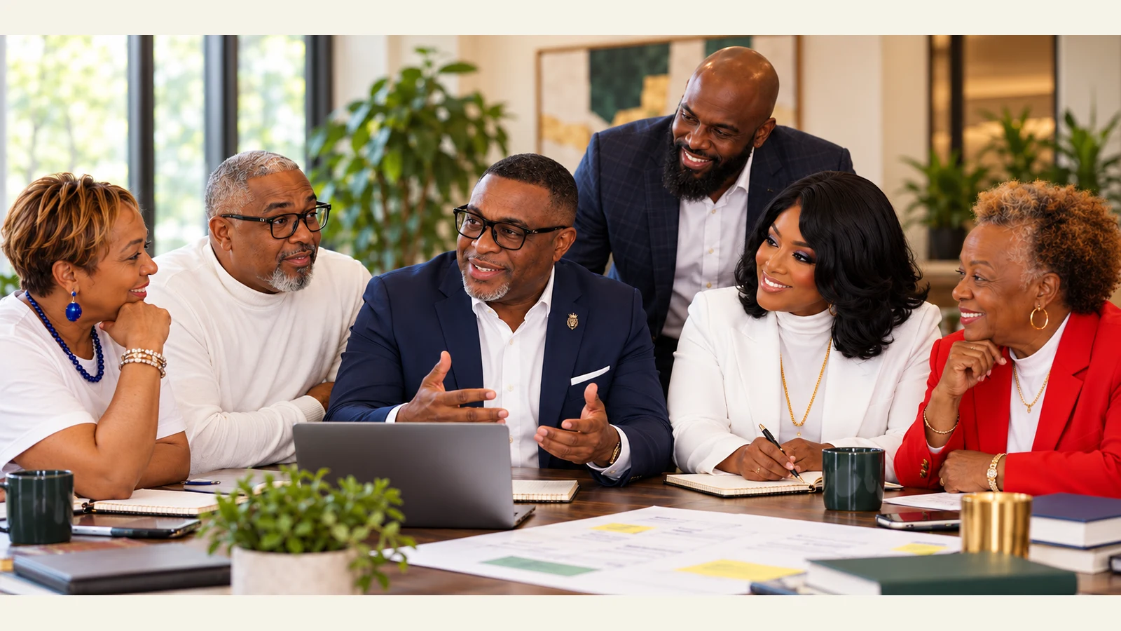 Six professionals collaborating around a table on organisational relationships
