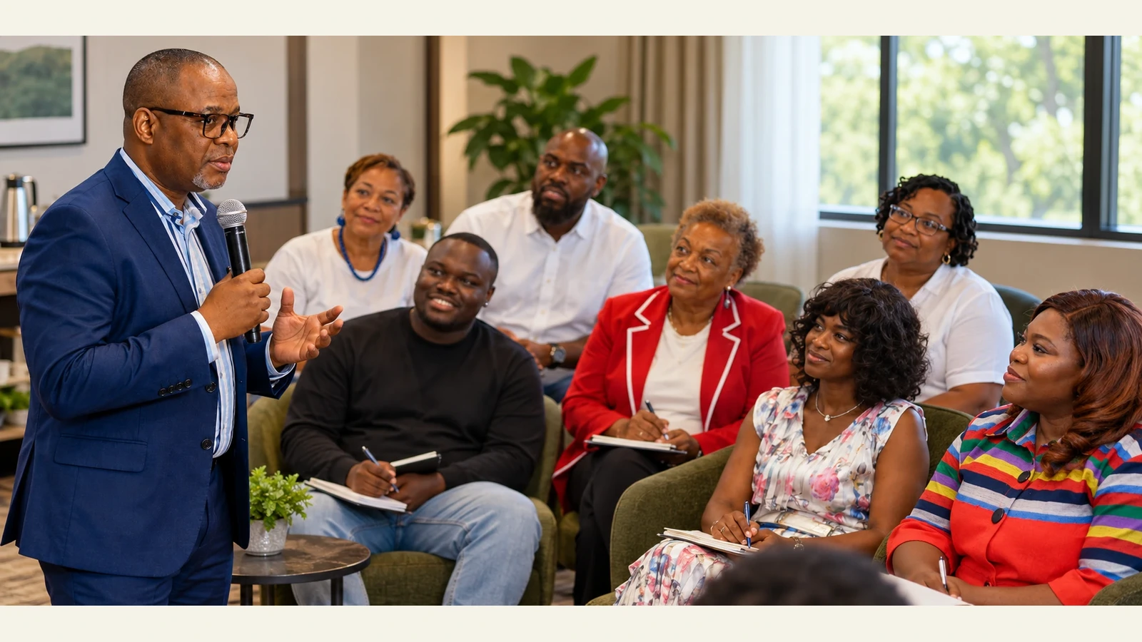 A facilitator speaking with professionals during a relationship capital workshop
